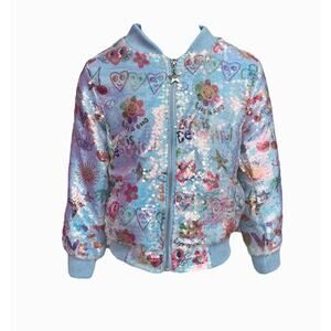 NEW Lola and The Boys Women’s Juniors Large Sequin Doodle Bomber Jacket Colorful